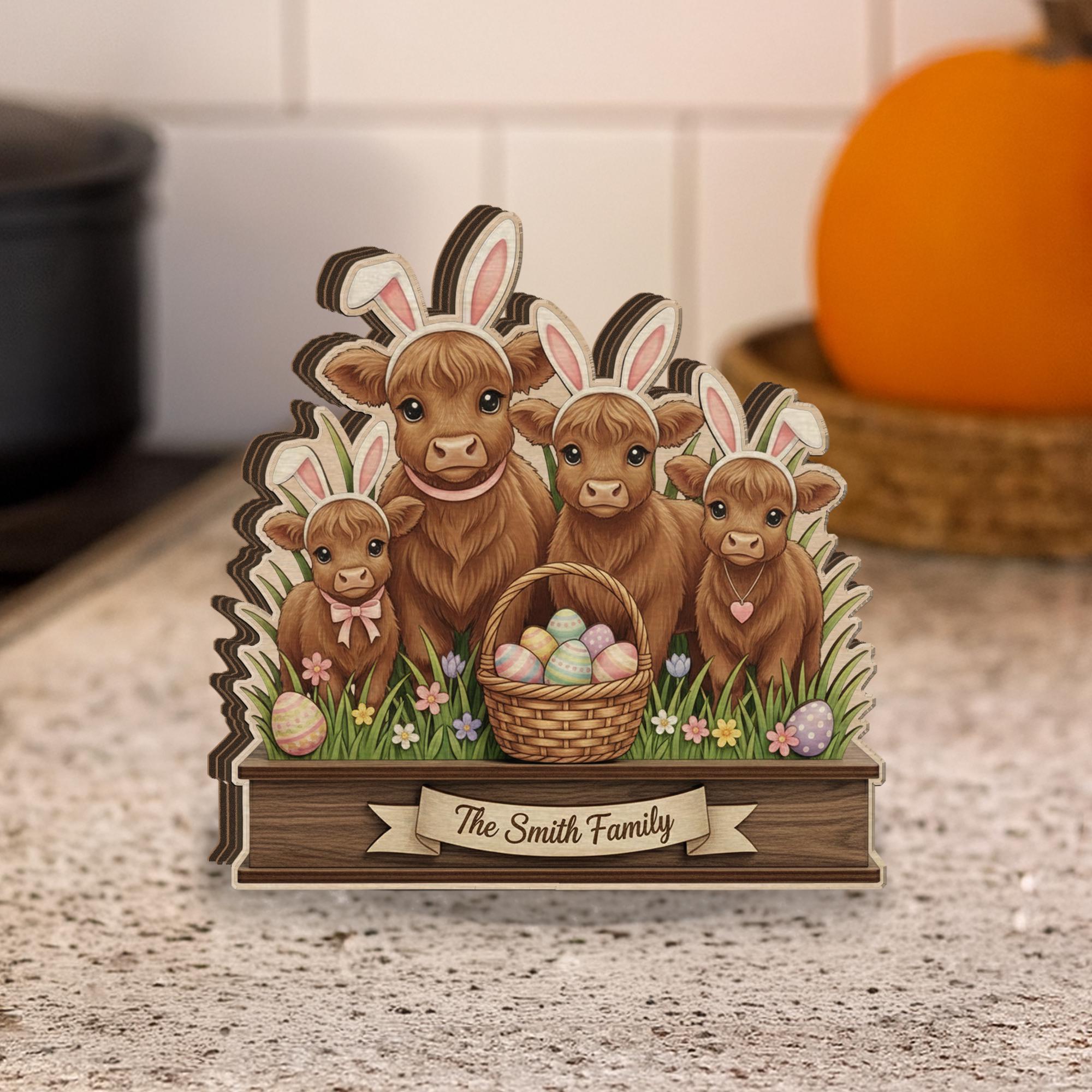 Personalized Wooden Block Easter Highland Cow Decor, Layered Bunny Farmhouse Sign