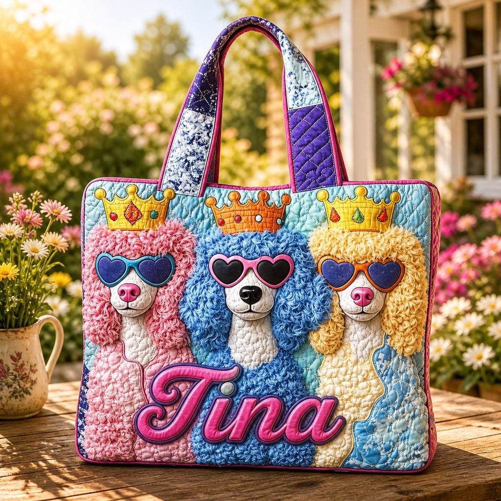 Personalized King Poodle Quilted Tote Bag, Custom Name Poodle Dog Tote, Cute Pet Bag, Quilted Shoulder Bag, Handbag for Animal Lover