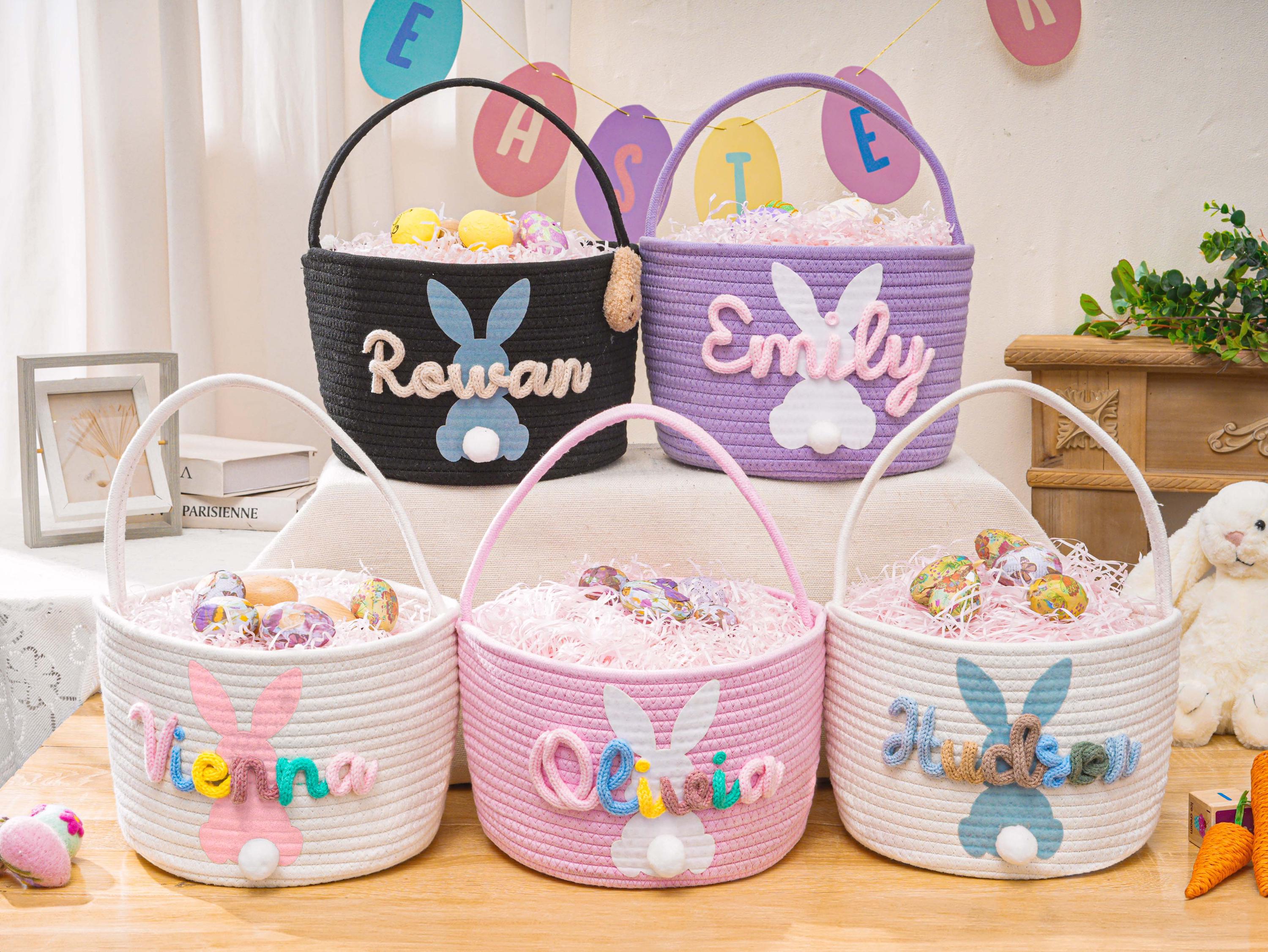 Personalized Bunny Easter Basket, Custom Name Baby Easter Gift Basket, Easter Egg Hunt Basket, Cotton Rope Storage Basket, Easter Bucket
