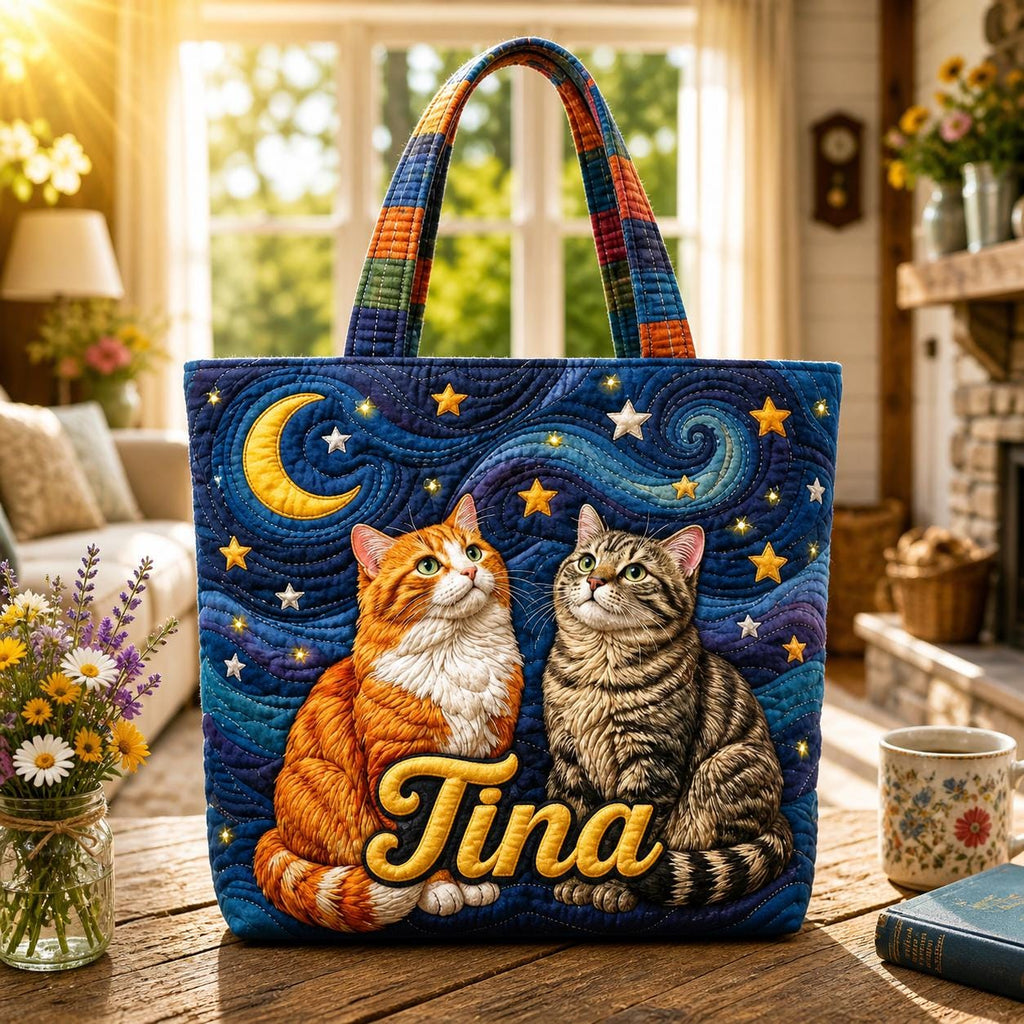 Personalized Golden and Tabby Cat Quilt Tote Bag, Custom Kitty Friendship Tote, Cute Cat Bag, Quilted Shoulder Bag, Handbag for Animal Lover