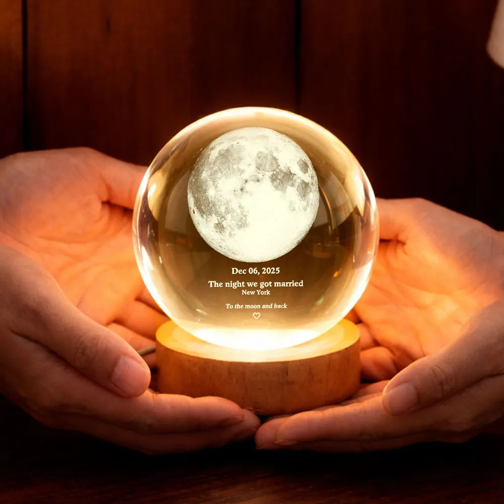 Couple Love to the Moon and Back Moon Phase by Date - Personalized Cry, Personalized Crystal Ball LED Night Light, Valentine's Day Gift For Couple, Husband, Boyfriend, Wife