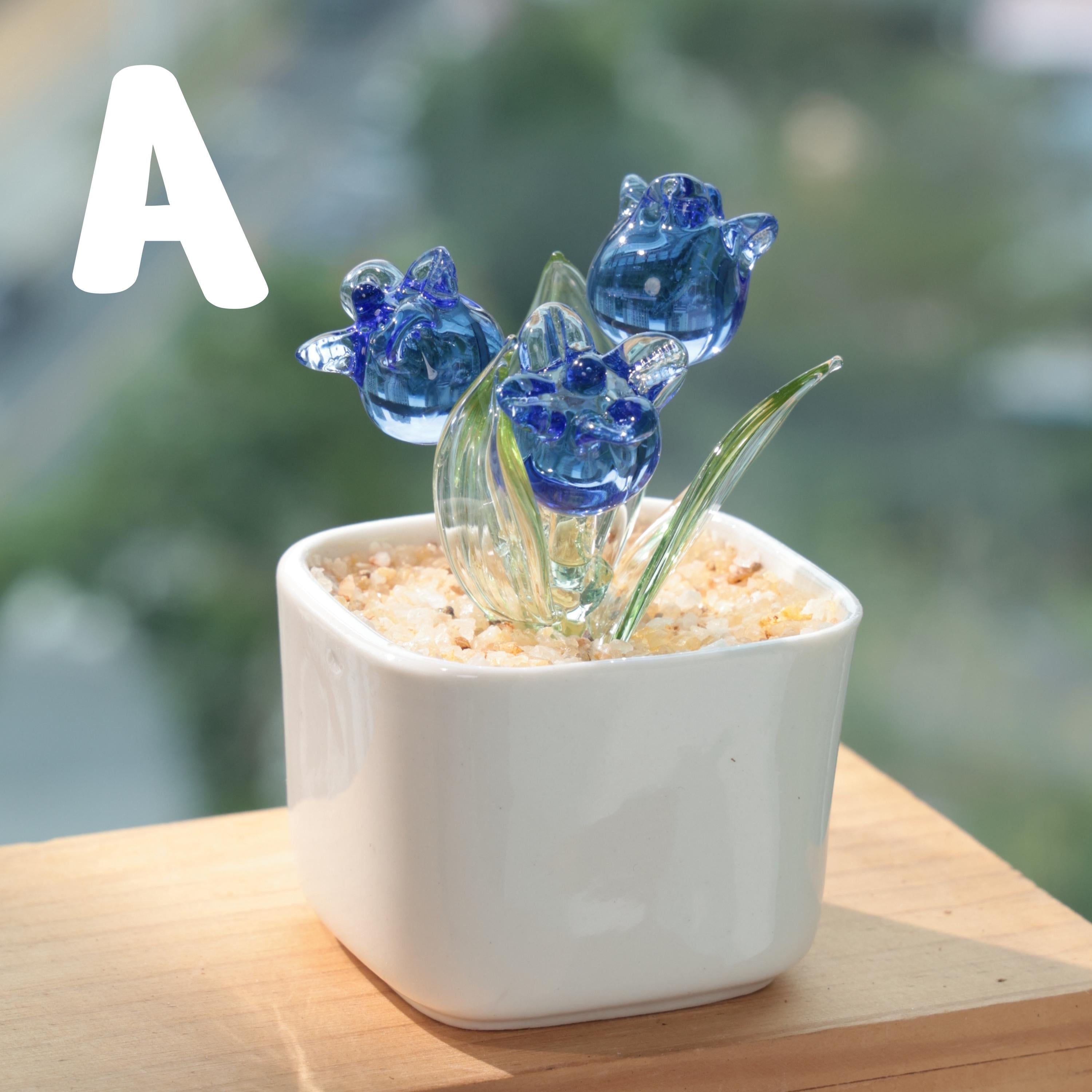 Hand Blown Glass Potted Plants – White, Pink & Blue Glass Tulip Figurines, Mini Flower Decor, Unique Handmade Gift