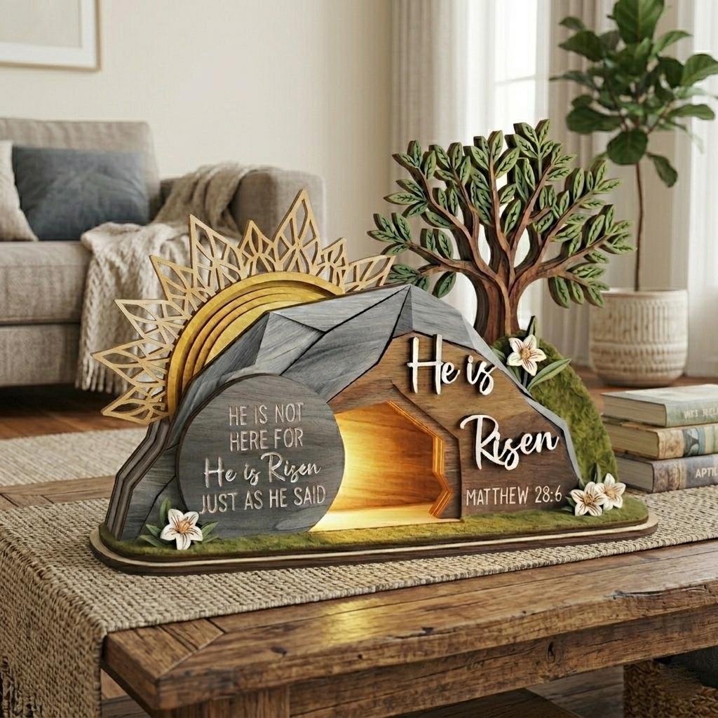 He is Risen Easte Wooden Block, Christian Resurrection Table Sign, Religious Home Decor Gift, Empty Tomb Cross Wood Shelf, Religious Home Decor Gift