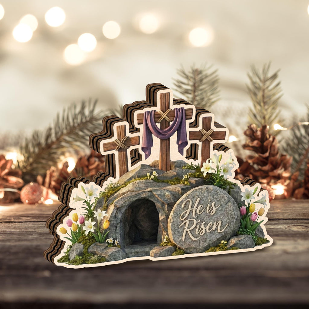 Personalizable He is Risen Easter Decor, CUSTOMIZABLE Christian Resurrection Cross Tomb Sign, Religious Spring Home Display, Faith Gift