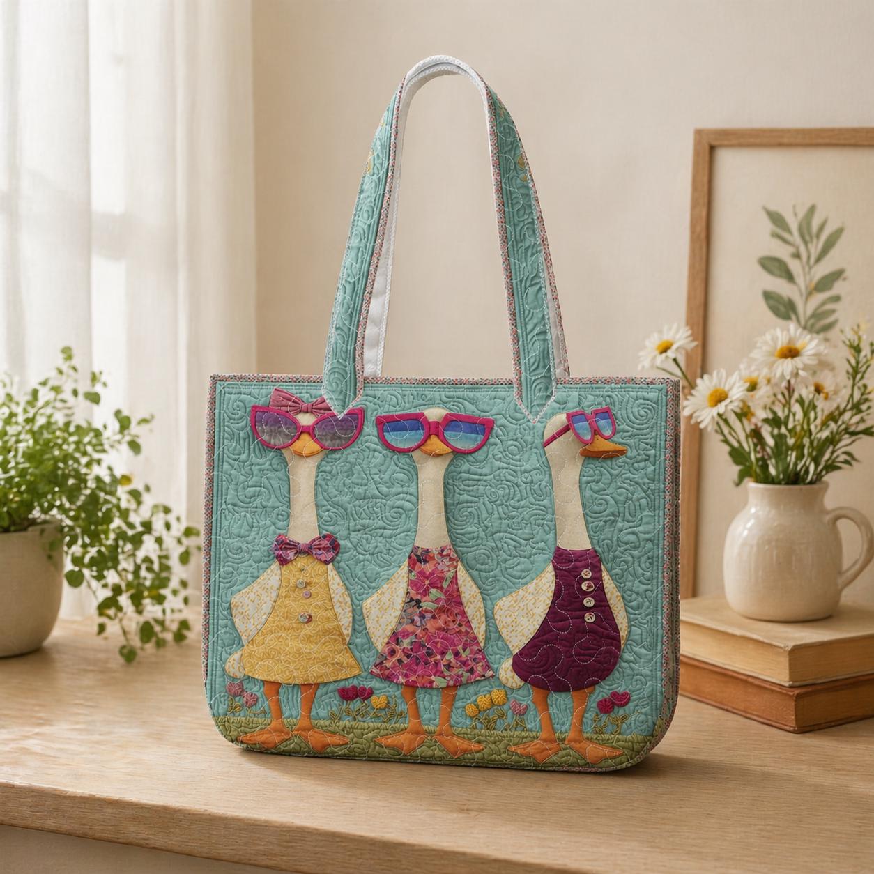 Personalized Goose Quilted Tote Bag – Custom Name Shoulder Bag, Cute Goose Lover Market Tote, Farm Animal Gift for Women