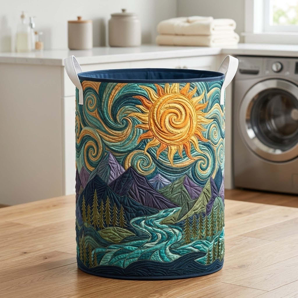 Deep Forest Stream Quilted Laundry Basket_ Sky Flow Foldable Clothes Storage Bin, Woodland Nature Hamper