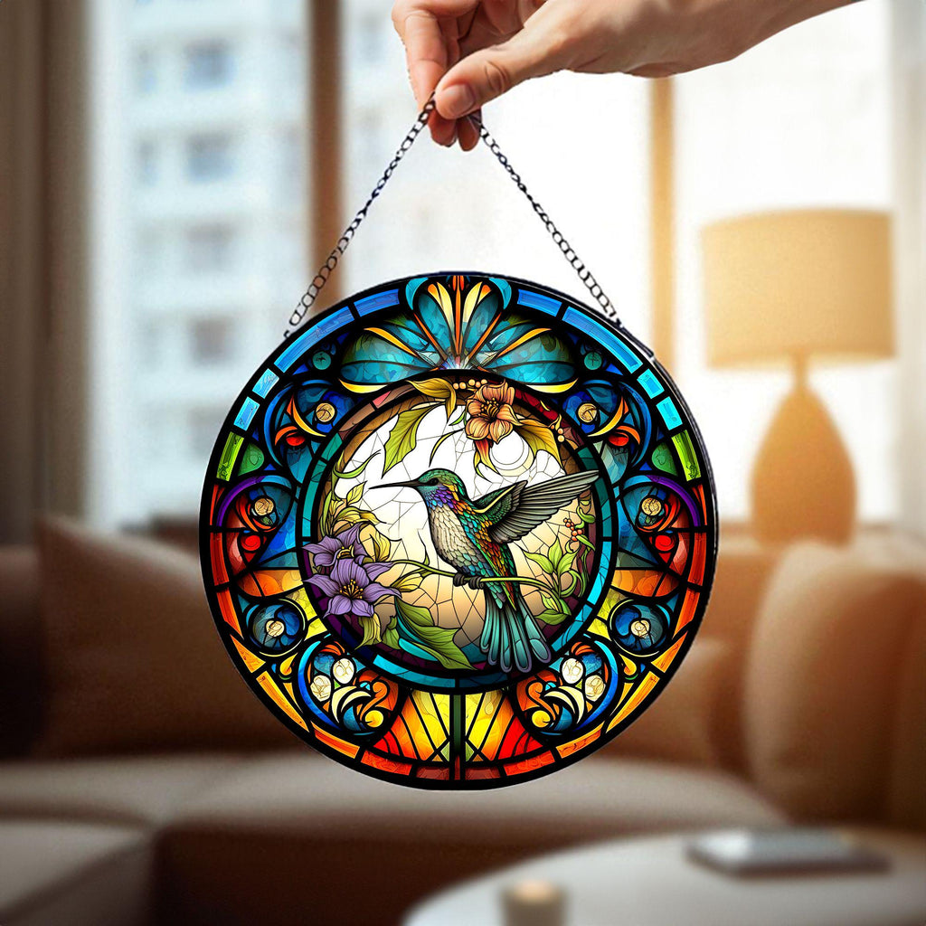 Bird Suncatcher, Stained Glass Style Window Hanging, Colorful Hummingbird Sun Catcher, Floral Nature Inspired Glass Art, Unique Gift Decor