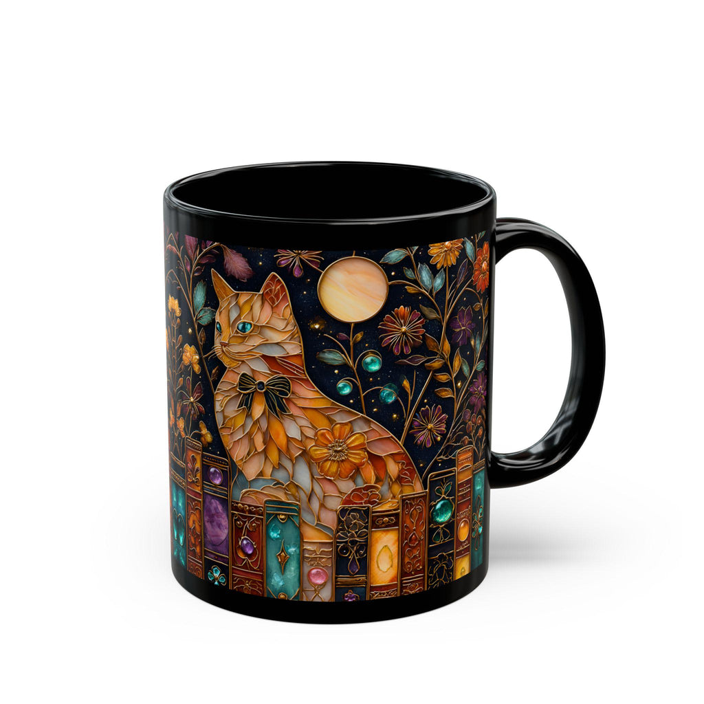 Vintage Faux Stained Glass Cat Mug, Book Lover Gift Reading Coffee Cup, Premium Ceramic Mug, Everyday Use & Gift Idea