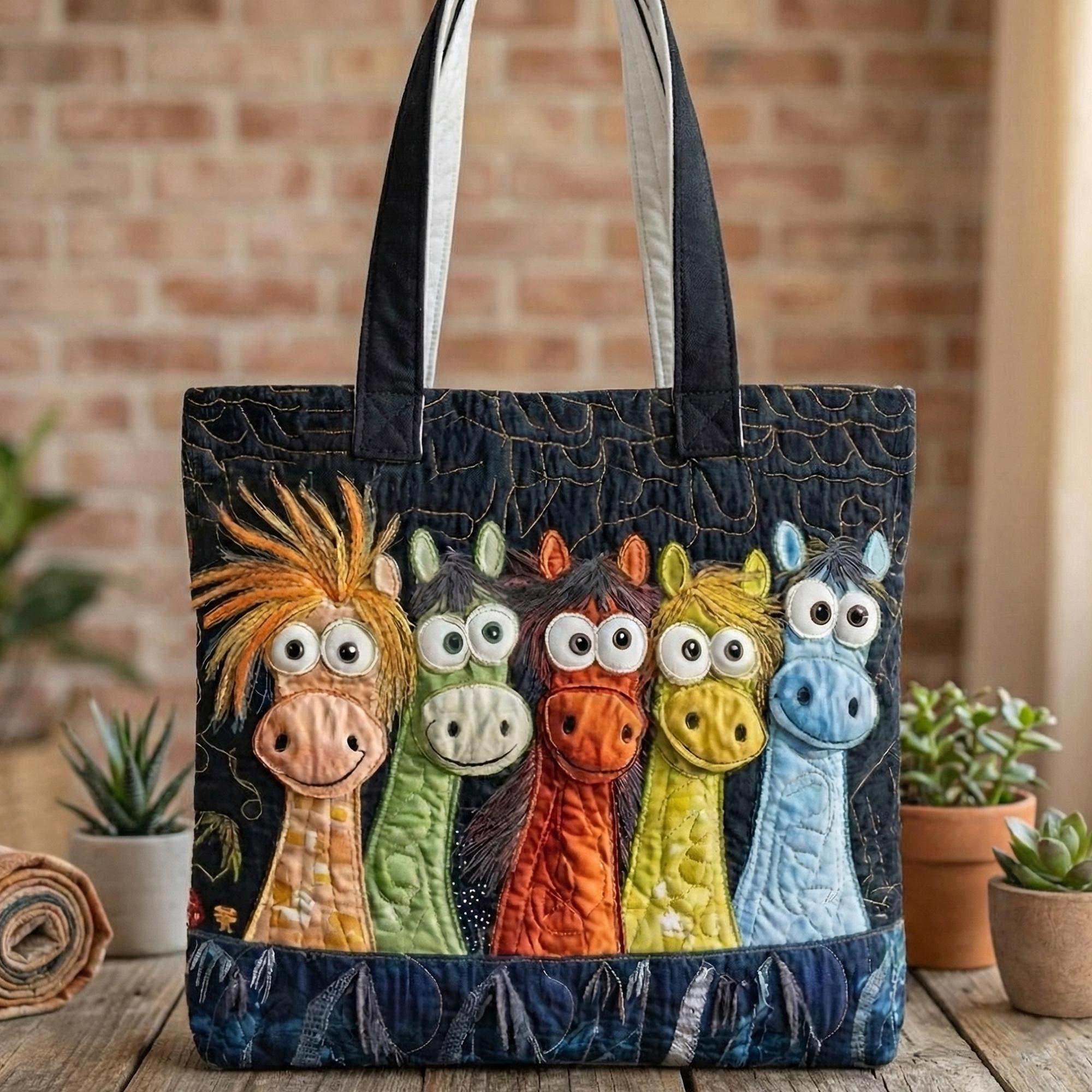 Colorful Horse Quilted Tote Bag – Artistic Horse Fabric Tote, Handmade Style Shoulder Bag