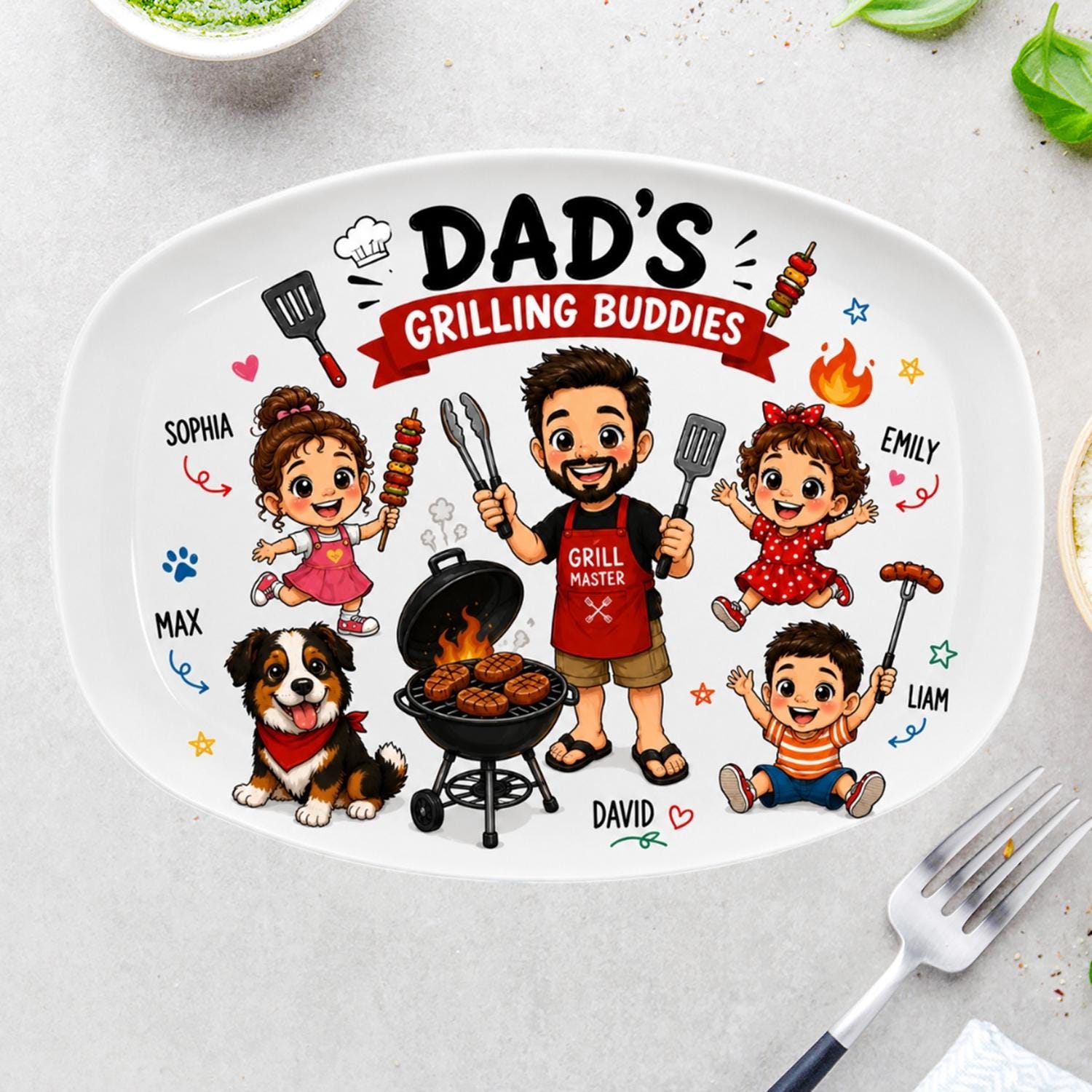 Personalized Dad's Grilling Buddies Plate, Custom Photo Cartoon Character Plate, Father's Day BBQ Gift, Grill Master Dad Platter