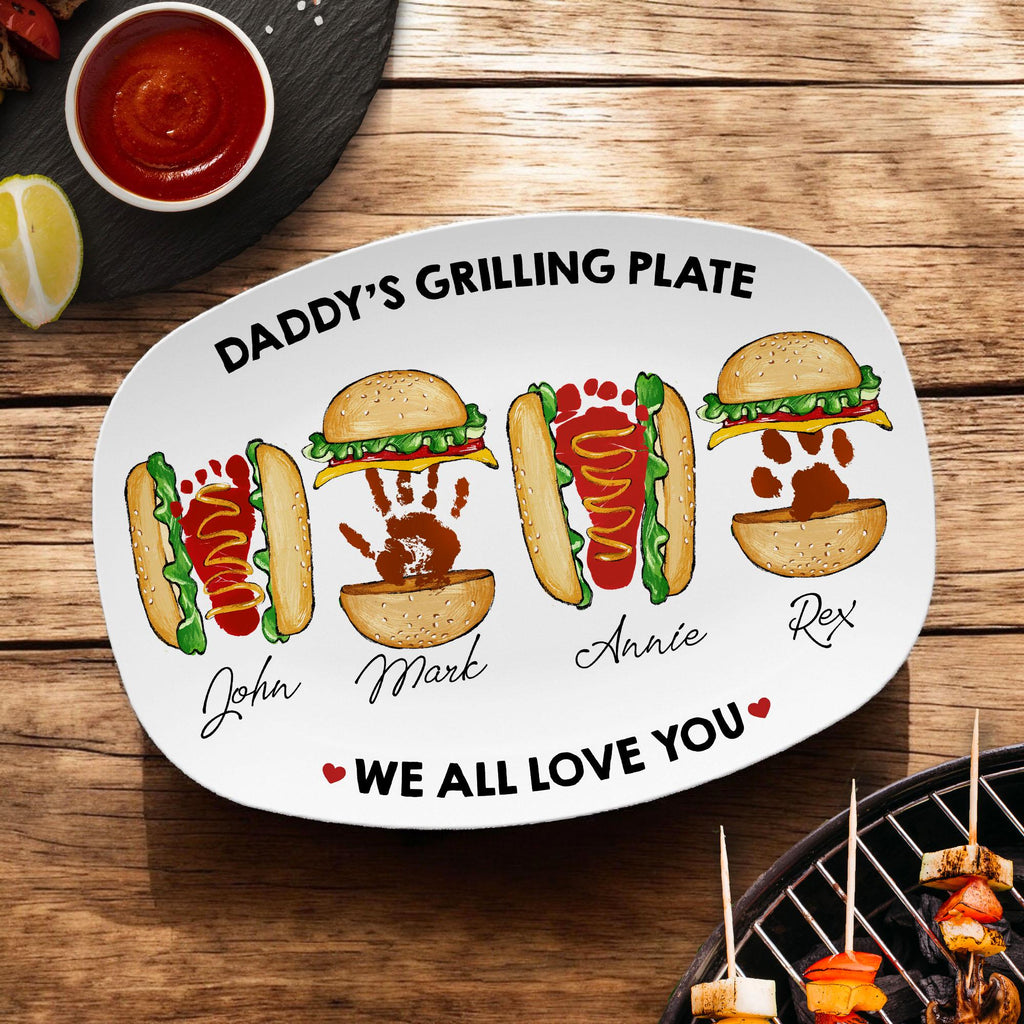 Personalized Daddy's Grilling Plate - Custom Burger Hot Dog Handprint Footprint Platter, Gift for Dad From Kids, BBQ Serving Tray