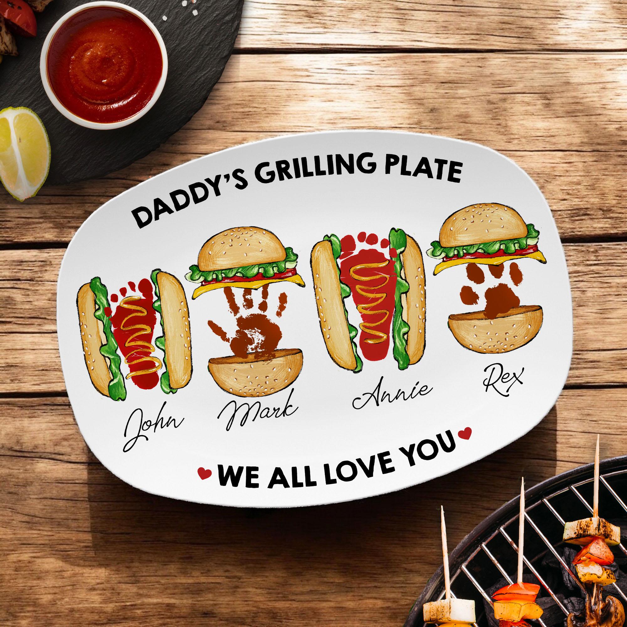 Personalized Daddy's Grilling Plate - Custom Burger Hot Dog Handprint Footprint Platter, Gift for Dad From Kids, BBQ Serving Tray