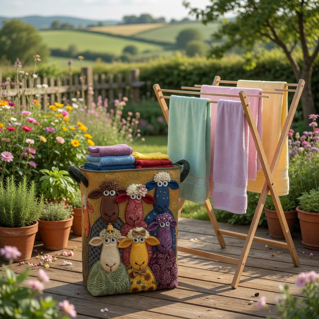 Whimsical Sheep Quilted Laundry Basket, Colorful Applique Storage Bin, Farmhouse Nursery Decor