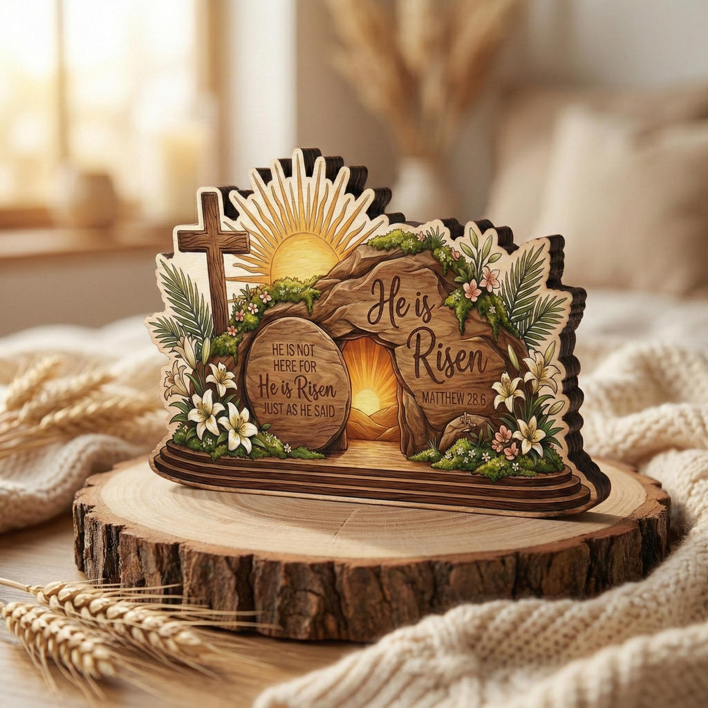 He is Risen Wooden Block Decor, Christian Easter Tabletop Sign, Resurrection Scene Wood Art, Faith Home Decor Gift, Gift for Believers