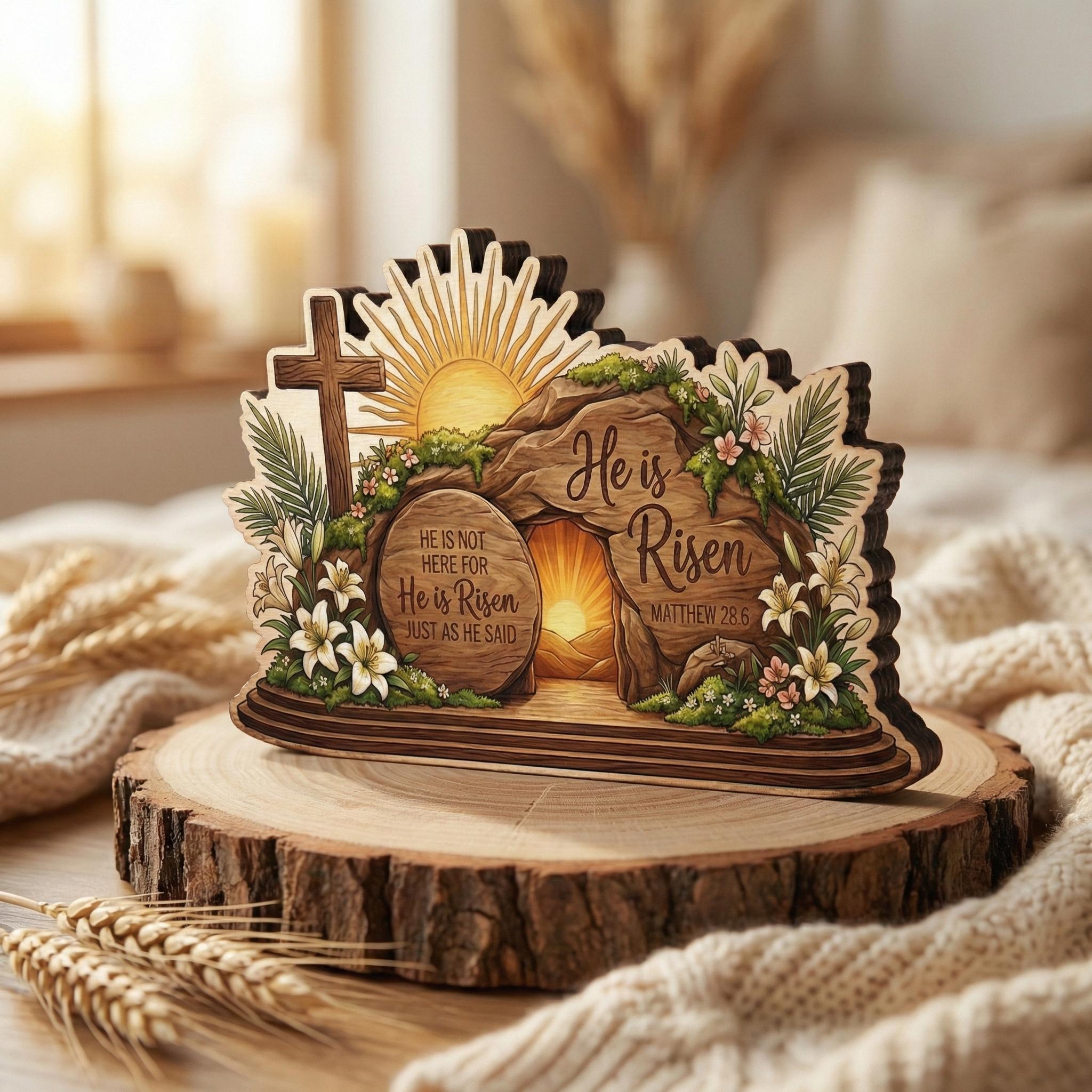 He is Risen Wooden Block Decor, Christian Easter Tabletop Sign, Resurrection Scene Wood Art, Faith Home Decor Gift, Gift for Believers