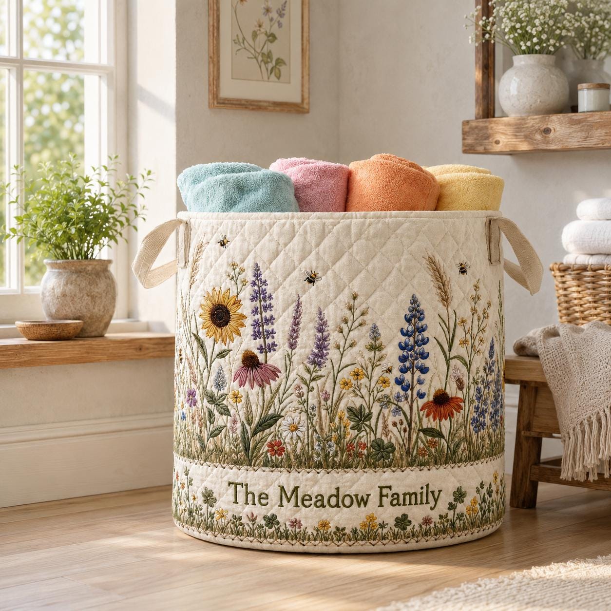 Personalized Wildflower Meadow Laundry Basket, Quilted Floral Hamper, Custom Family Name Storage Bin, Botanical Room Decor