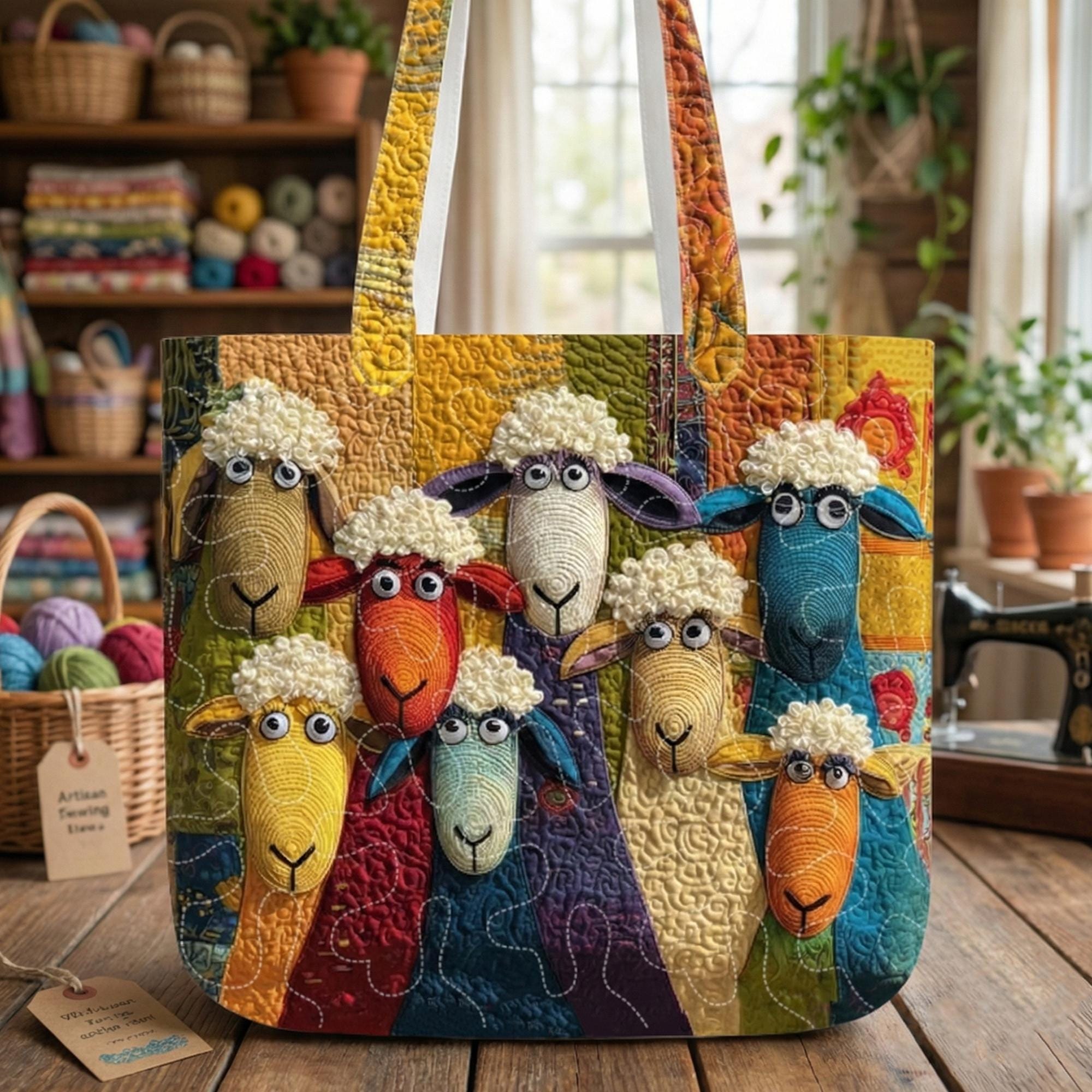 Personalized Colorful Sheep Quilted Tote Bag – Farm Sheep Fabric Tote, Animal Lover Gift