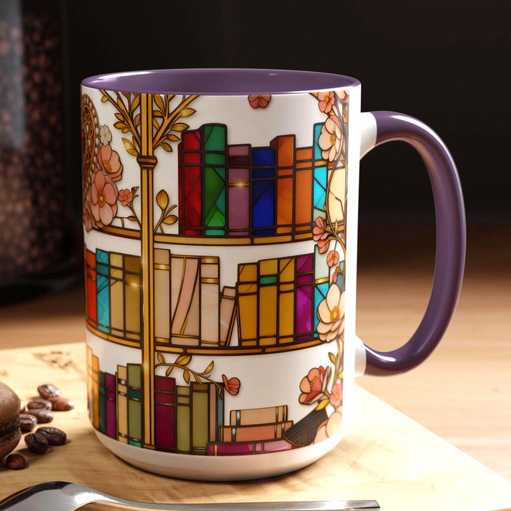 Stained Glass Bookshelf Mug, Romantic Floral Book Lover Coffee Cup, Luxury Reader Gift
