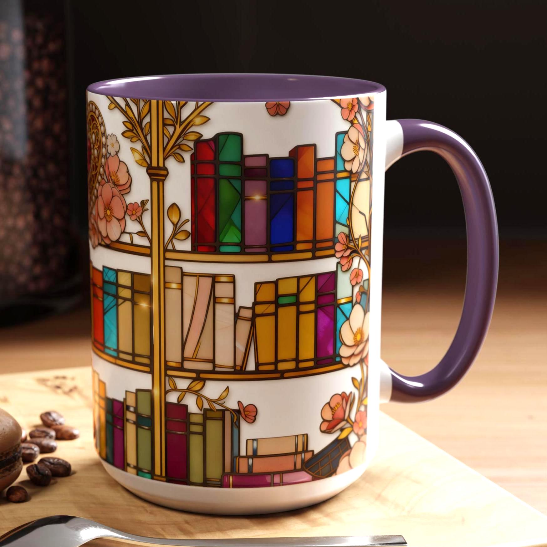 Stained Glass Bookshelf Mug, Romantic Floral Book Lover Coffee Cup, Luxury Reader Gift
