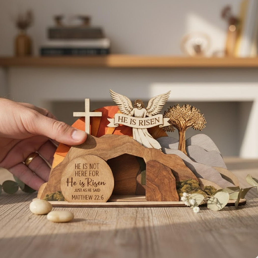 He is Risen Empty Tomb Wooden Sign, Resurrection Scene Easter Decor, Christian Home Display, Religious Bible Verse Gift
