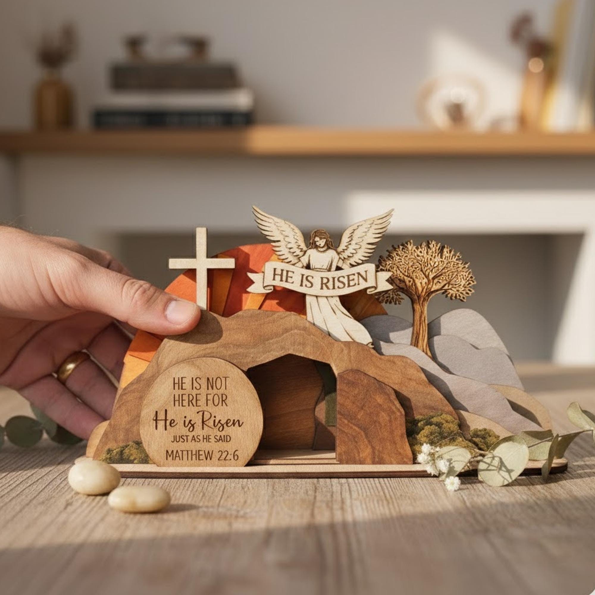 He is Risen Empty Tomb Wooden Sign, Resurrection Scene Easter Decor, Christian Home Display, Religious Bible Verse Gift