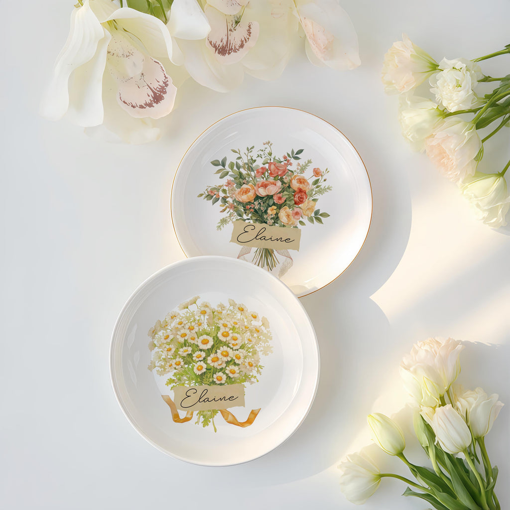 Personalized Flower Bouquet Trinket Dish, Custom Birth Flower Jewelry Dish, Gift for Her, Birth Month Flower, Bridesmaid Gifts, Wedding Gift