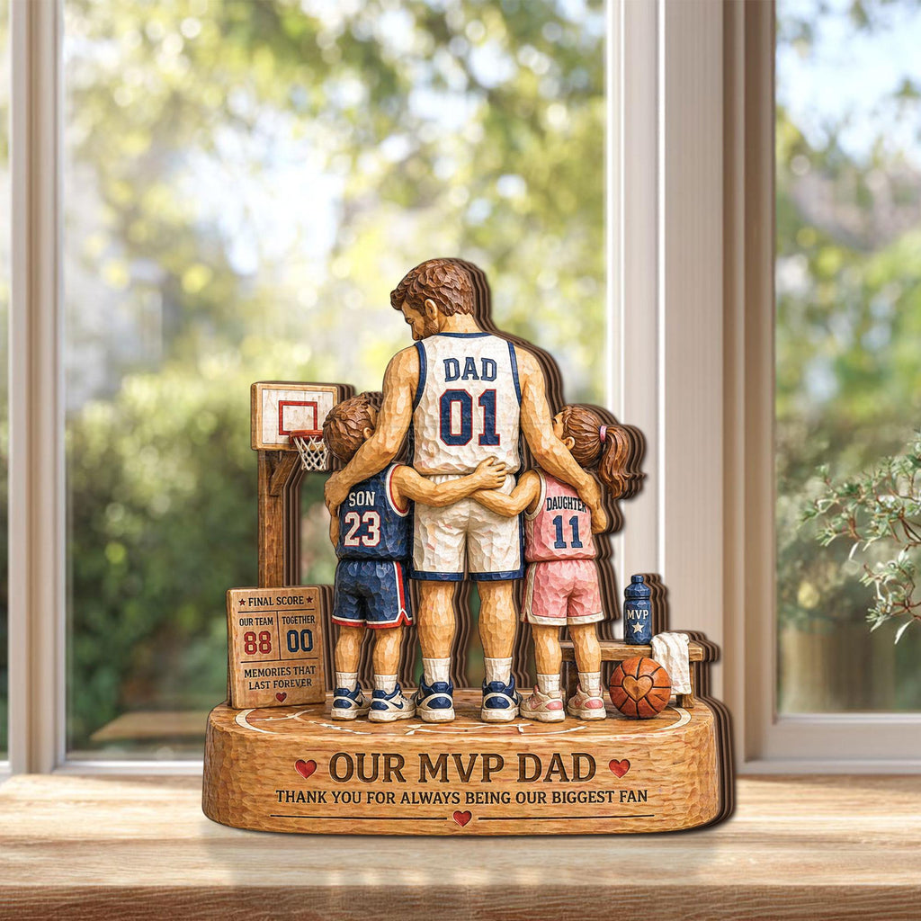 Personalized Basketball Dad Wooden Block, Our MVP Dad Keepsake Gift, Custom Father and Kids Sports Family Decor