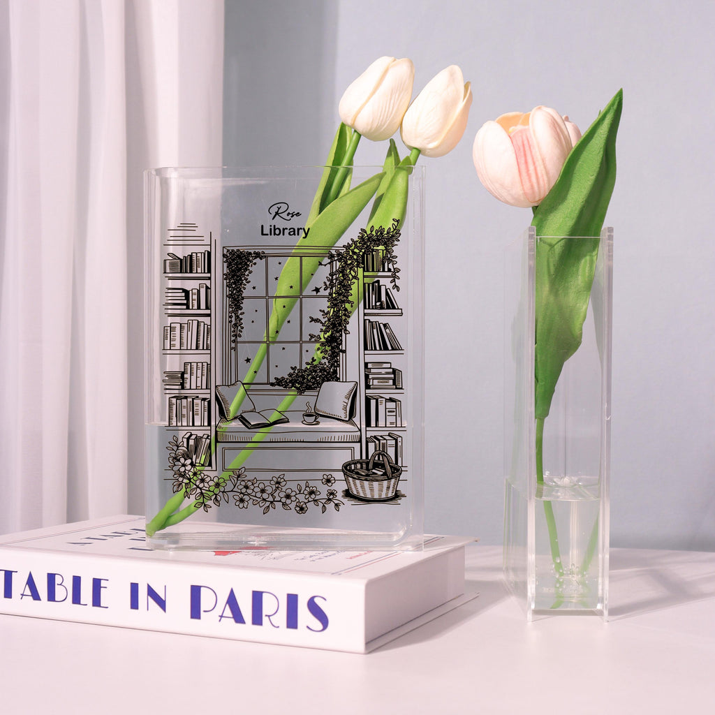 Line-art Library Acrylic Book Vase, Vintage Library Art Bookish Vase, Bookshelf Scene Book Shaped Vase Decor, Custom Gift for Book Lovers