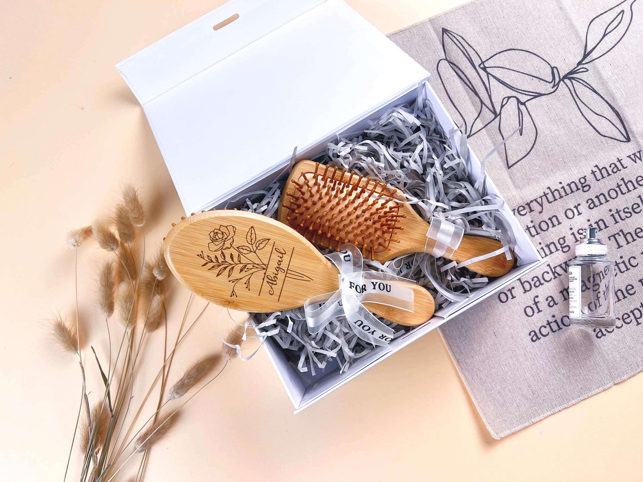 Custom Name Bamboo Hair Brush with Birth Flower: Bridesmaid Gift, Personalized Wooden Comb, Perfect Birthday or Mother's Day Gift for Mom, Daughter, or Friend