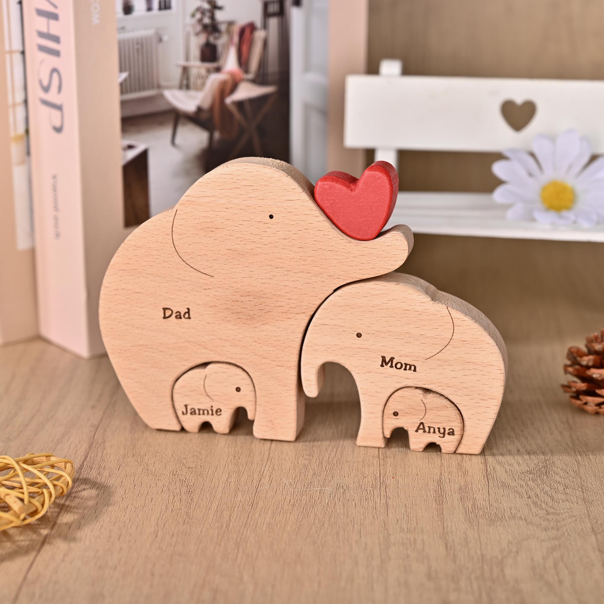 Wooden Elephant Family Puzzle With Names, Custom Anniversary Gift for Parents, Birthday Gift for Wife, Christmas Elephant Decor for Home