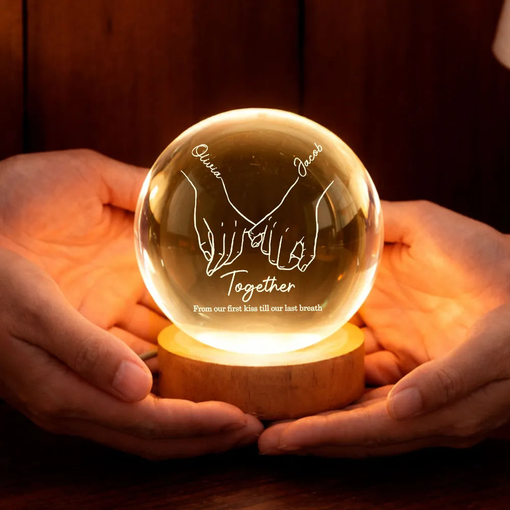 Couple Interlocked Hands - Personalized Crystal Ball LED Night Light, Valentines Day Wedding Anniversary Gift For Couple