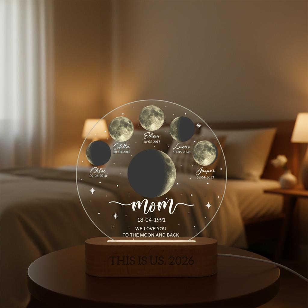 Personalized Moon Phase LED Night Light, Custom Lunar by Date Moons Phase With Kids Names, Mothers Day Gift, Fathers Day Gift, Birthday Gift