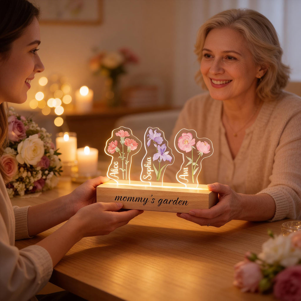 Personalized Nanny's Garden Birth Month Flower Night Light, Customized LED Lamp With Kids Names, Mother's Day Gift for Mom