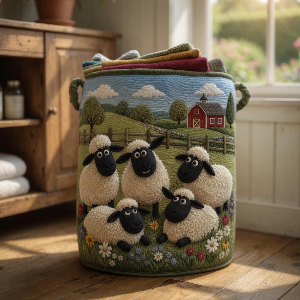 Cute Sheep Quilted Laundry Basket, Sheep Laundry Room Decor, Soft Fabric Hamper, Colorful Sheep Storage Bin, Gift for Mom, Gift for Her