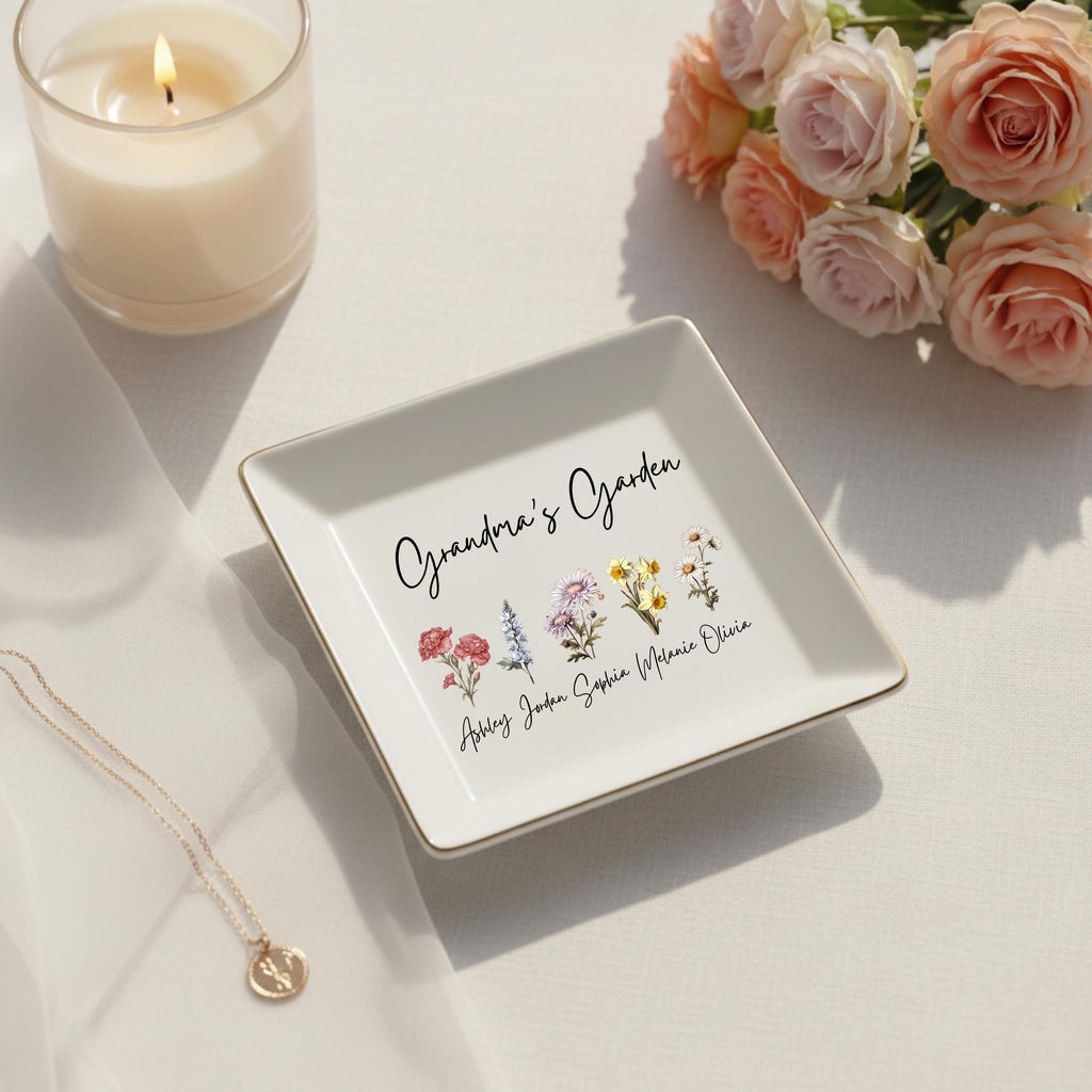 Custom Birth Flower Trinket Dish,grandmas Garden Jewelry Dish,custom Family Name Ring Dish,grandmas Gifts,birthday Gifts,holiday Gifts