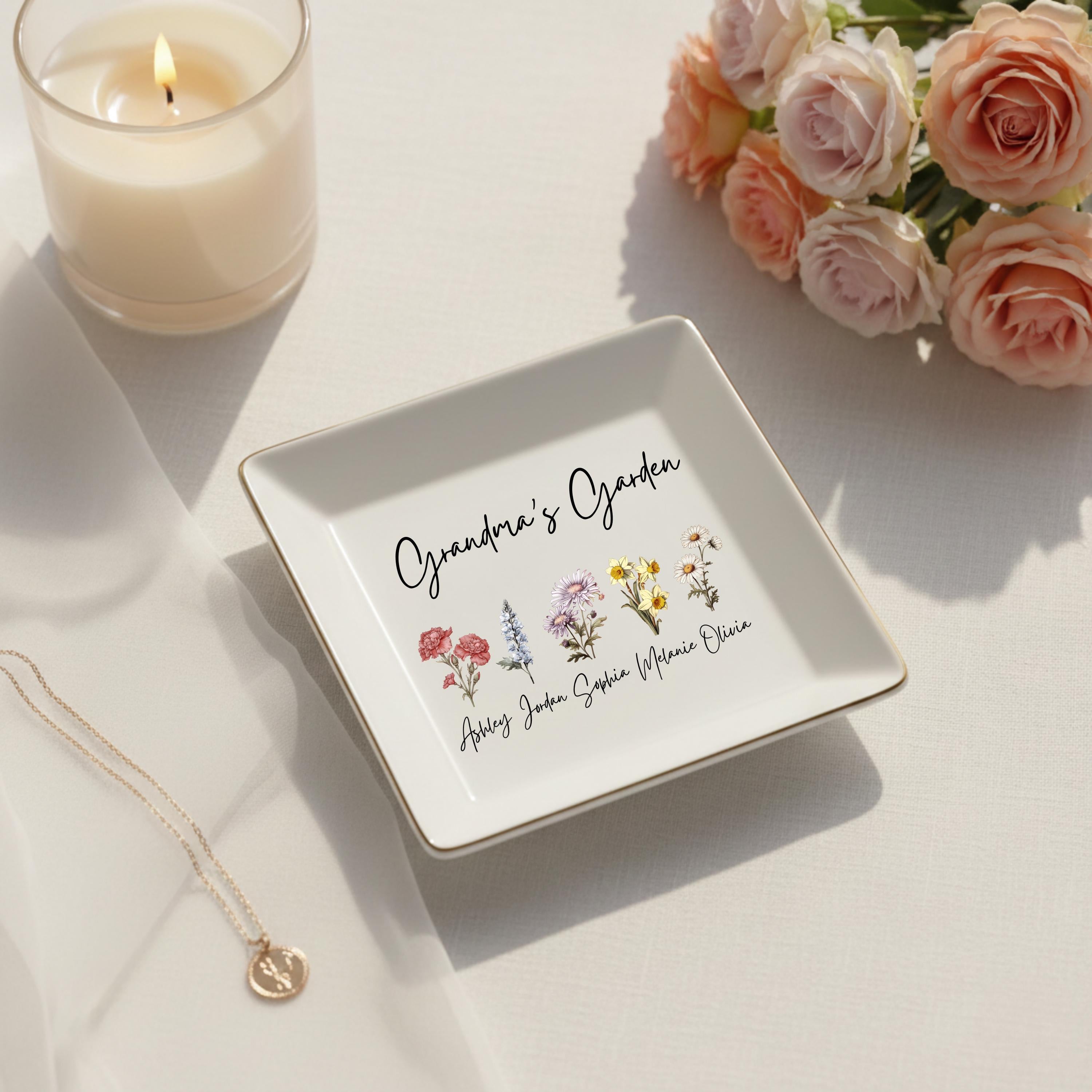 Custom Birth Flower Trinket Dish,grandmas Garden Jewelry Dish,custom Family Name Ring Dish,grandmas Gifts,birthday Gifts,holiday Gifts