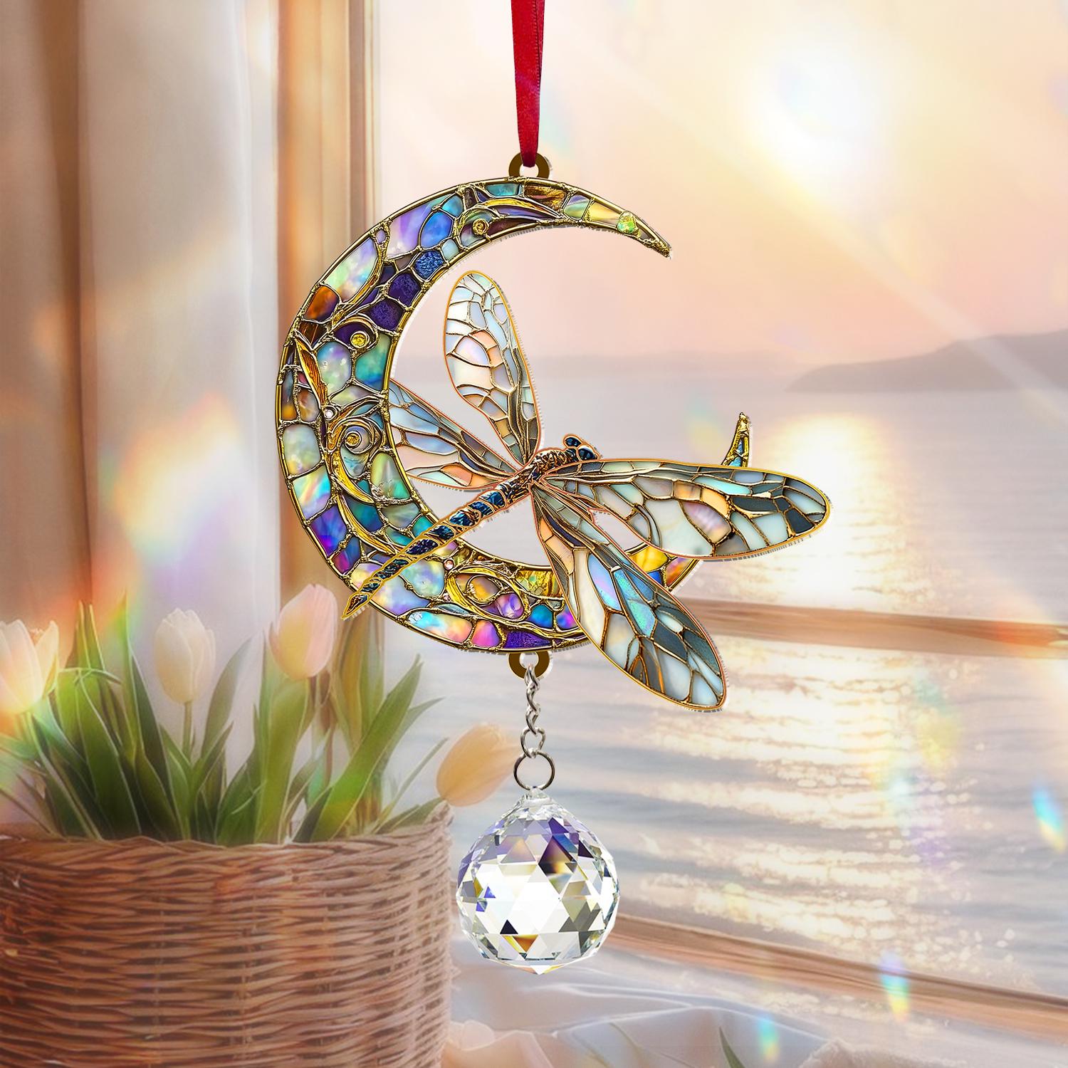 Dragonfly Suncatcher Crystal Prism, Acrylic Moon Dragonfly Hanging Sign, Window Art Decor, Nature Lover Gift, Home Accent