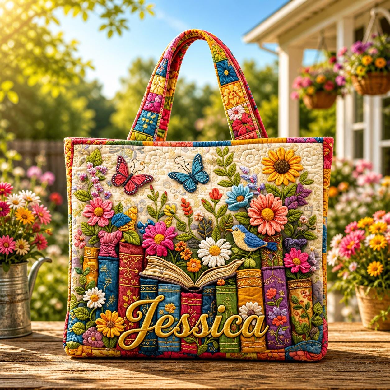 Personalized Floral Book Theme Quilted Tote Bag, Custom Colorful Patchwork Garden Tote, Book Meadow Shoulder Bag, Handbag for Reading Lover