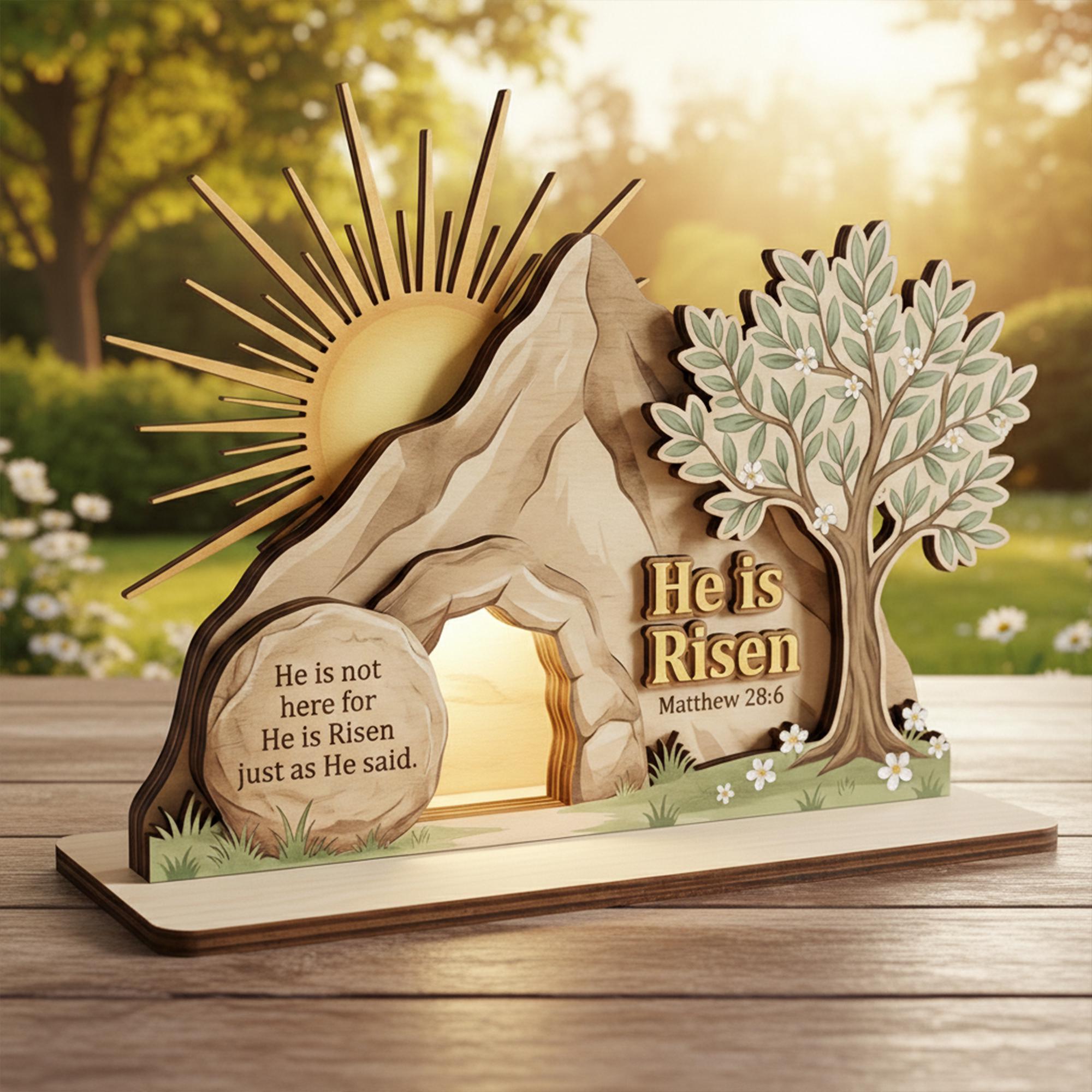 He is Risen Easter Wood Block, Christian Resurrection Decor, Bible Verse Table Centerpiece