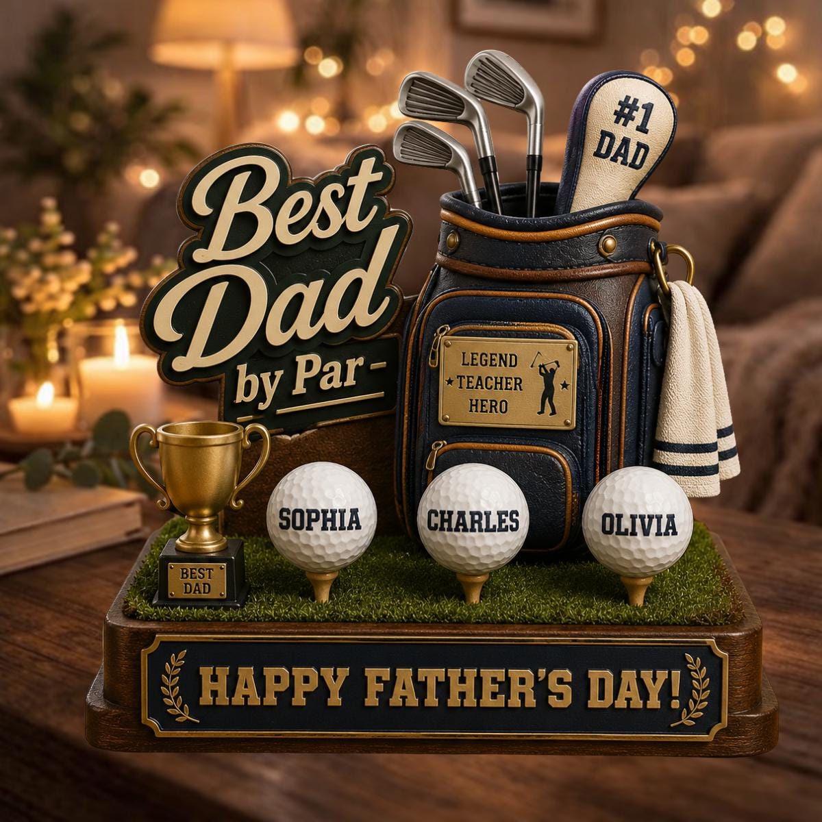 Personalized Best Dad by Par Custom Kid Name Wooden Block Decor Home- Father's Day Gift for Golf Dad, Husband From Son Daughter