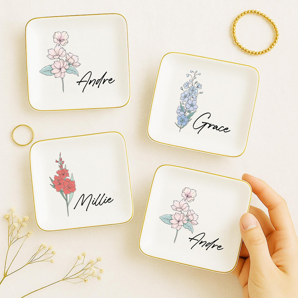 Personalized Birth Flower Ceramic Jewelry Dish_ Custom Trinket Ring Holder, ring Holder Dish,wedding Bridesmaid Gift