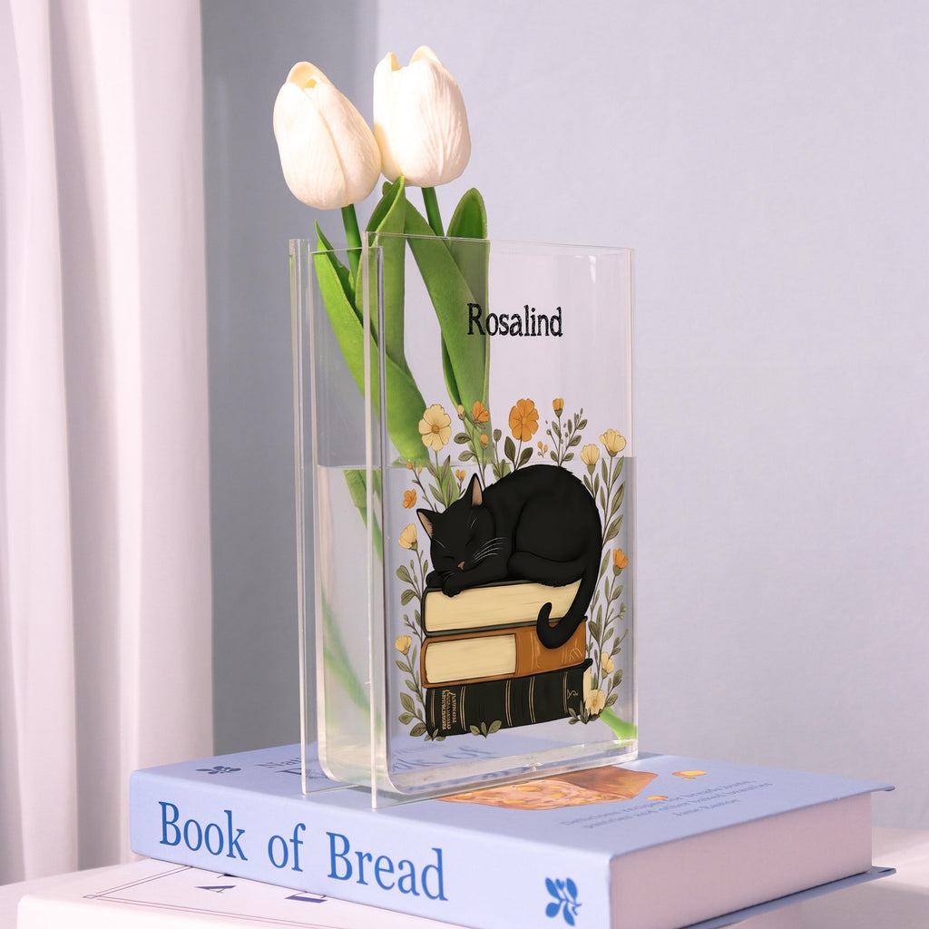 Cat on Books Acrylic Book Vase, Book Stack Bookish Vase, Floral Book Shaped Vase, Flowers and Books Decor, Custom Gift for Book Lovers