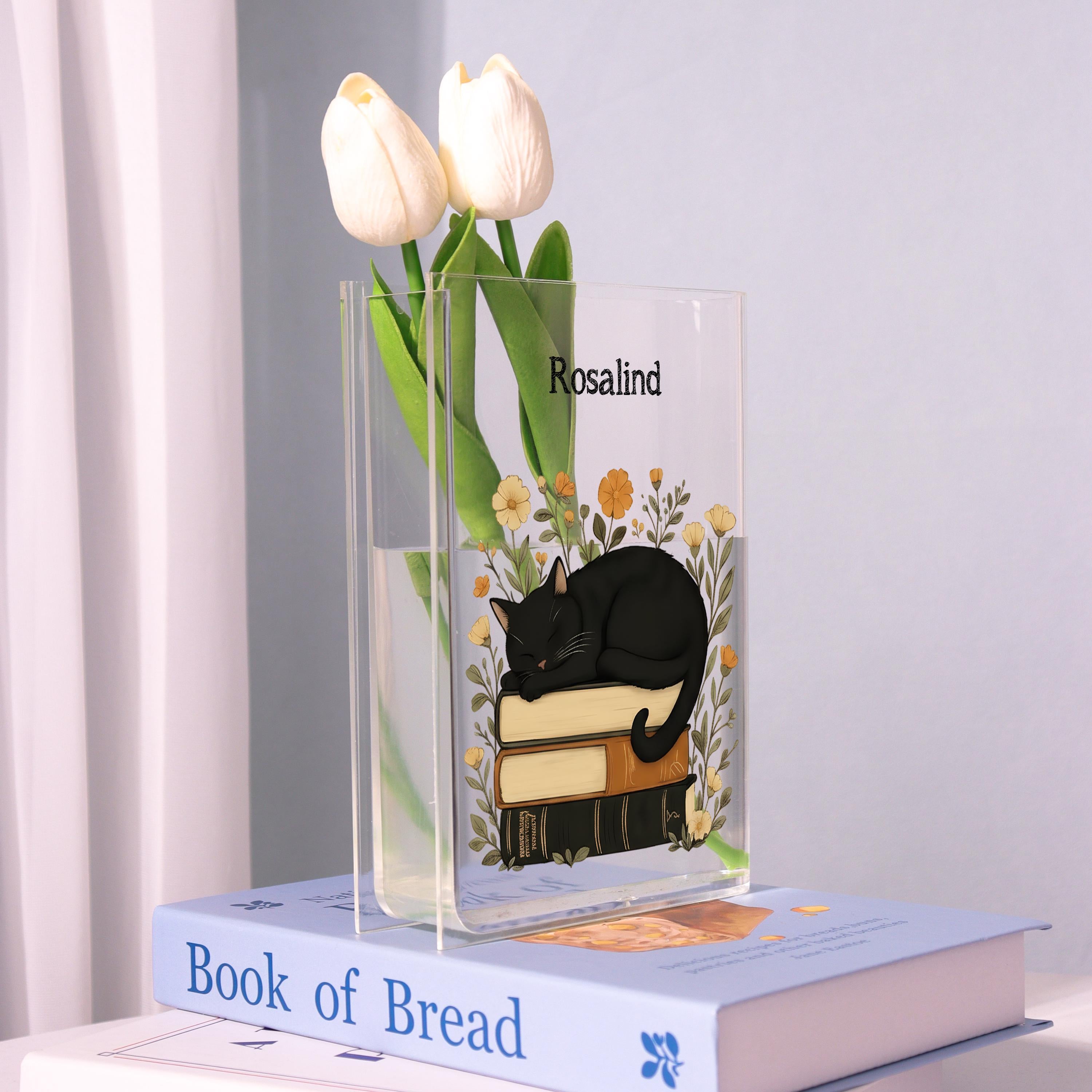 Cat on Books Acrylic Book Vase, Book Stack Bookish Vase, Floral Book Shaped Vase, Flowers and Books Decor, Custom Gift for Book Lovers