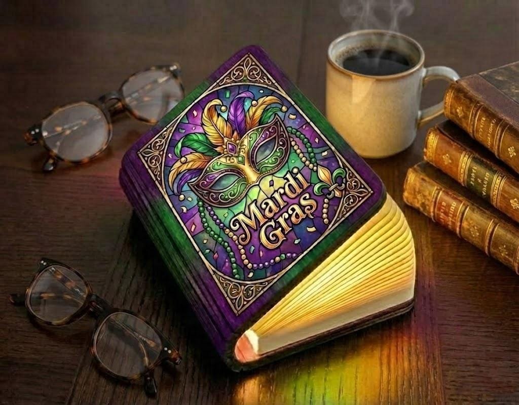 Mardi Gras Book Lamp, Carnival Mask Night Light, Louisiana Reading Lamp, Mardi Gras Festival Book Light, Fluer De Lis Mardi Gras Decor