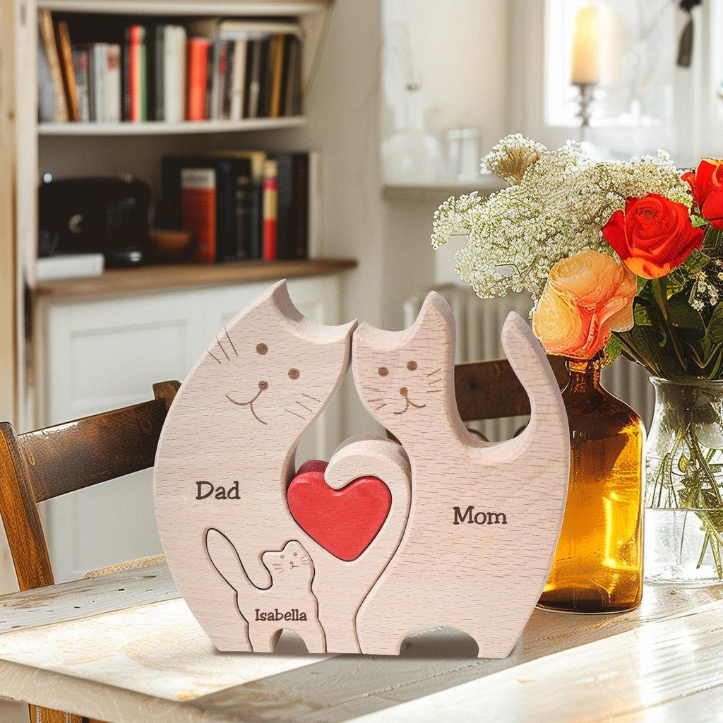Custom Wooden Cat Family Puzzle, Wood Cat Figurines, Family Name Keepsake, Family of 4 Home Decor, Cat Lover Gifts, Birthday Gift for Wife
