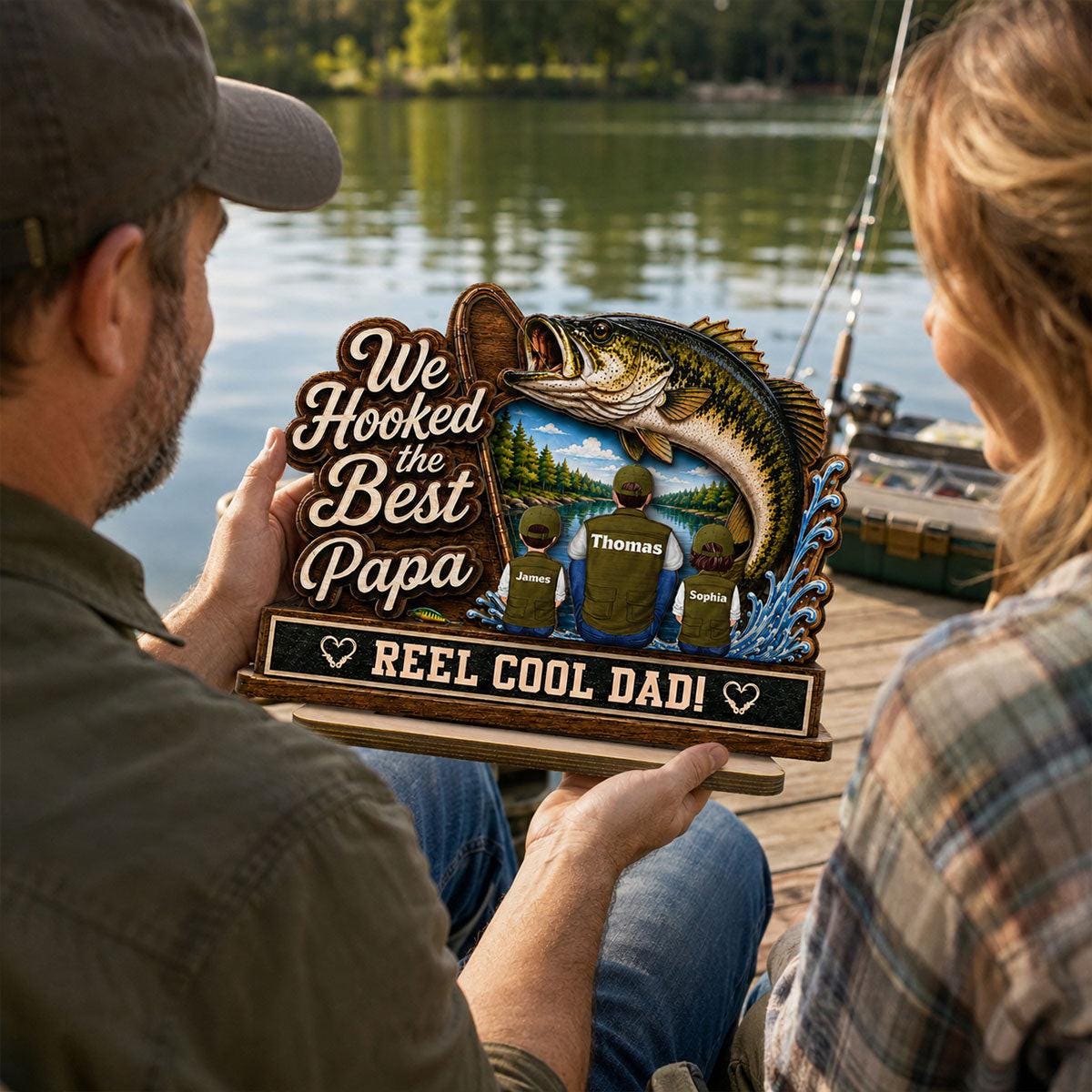 Personalized Fishing Dad Wood Sign, Custom Family Portrait, Reel Dad Plaque