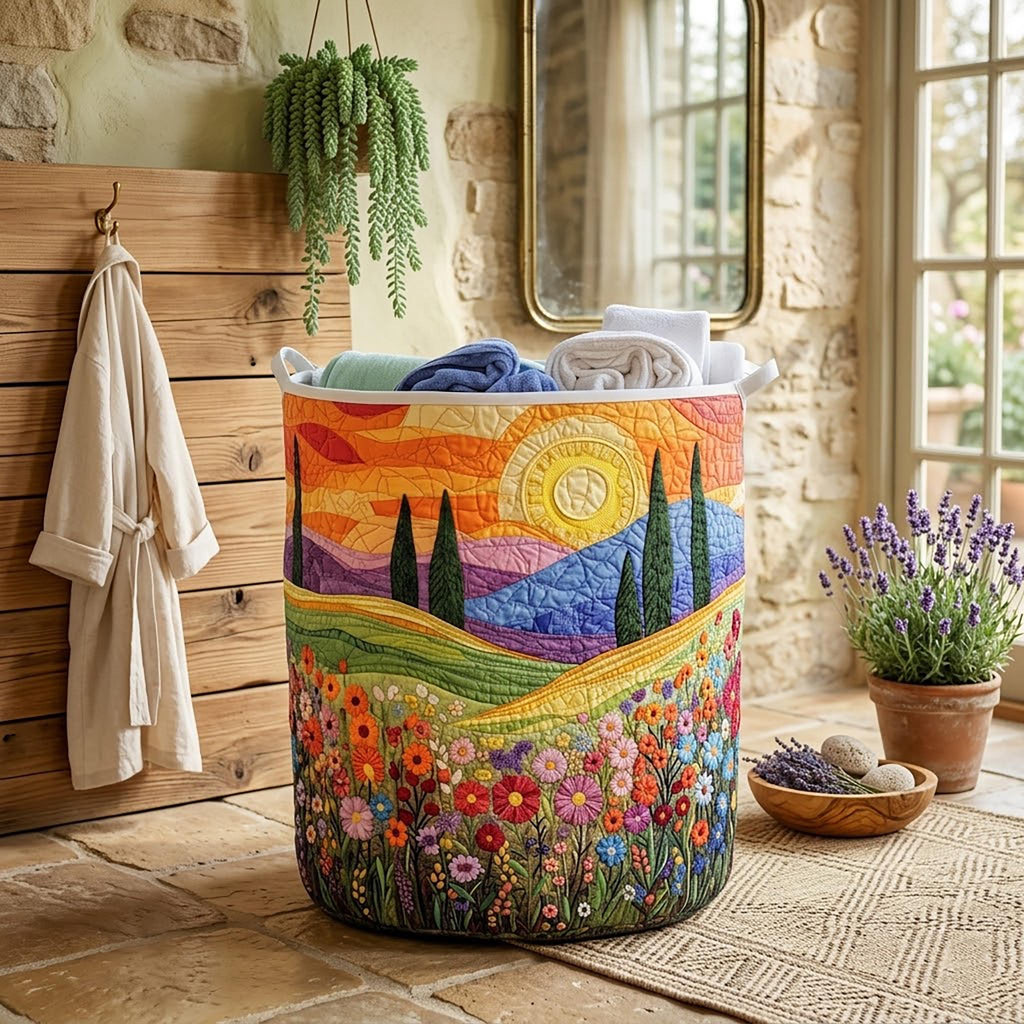 Daybreak Flower Field Quilted Laundry Basket_ Sunrise Meadow Hamper, Floral Hill Storage Bin