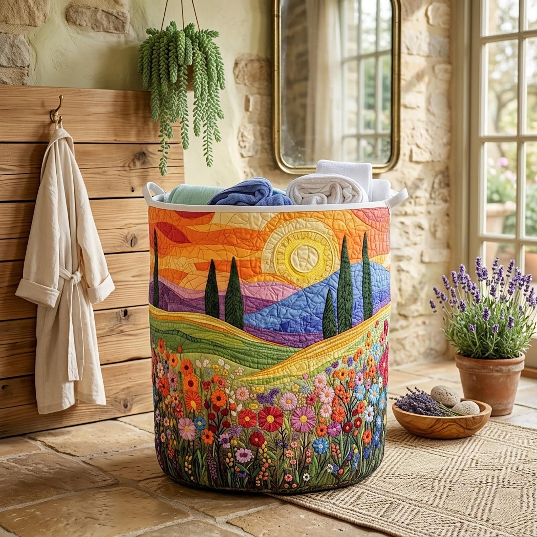 Daybreak Flower Field Quilted Laundry Basket_ Sunrise Meadow Hamper, Floral Hill Storage Bin