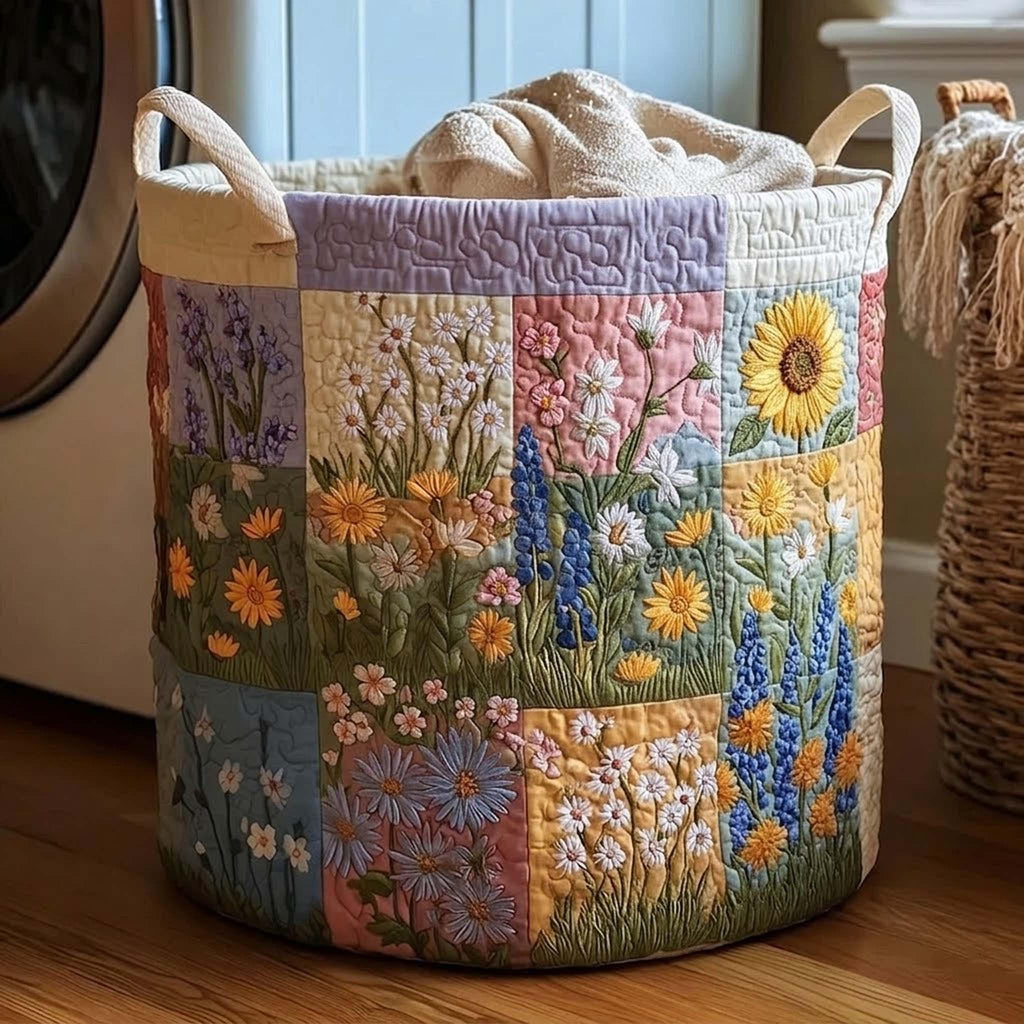 Wild Floral Patchwork Quilted Laundry Basket_ Flowers Hamper, Family Storage Bin