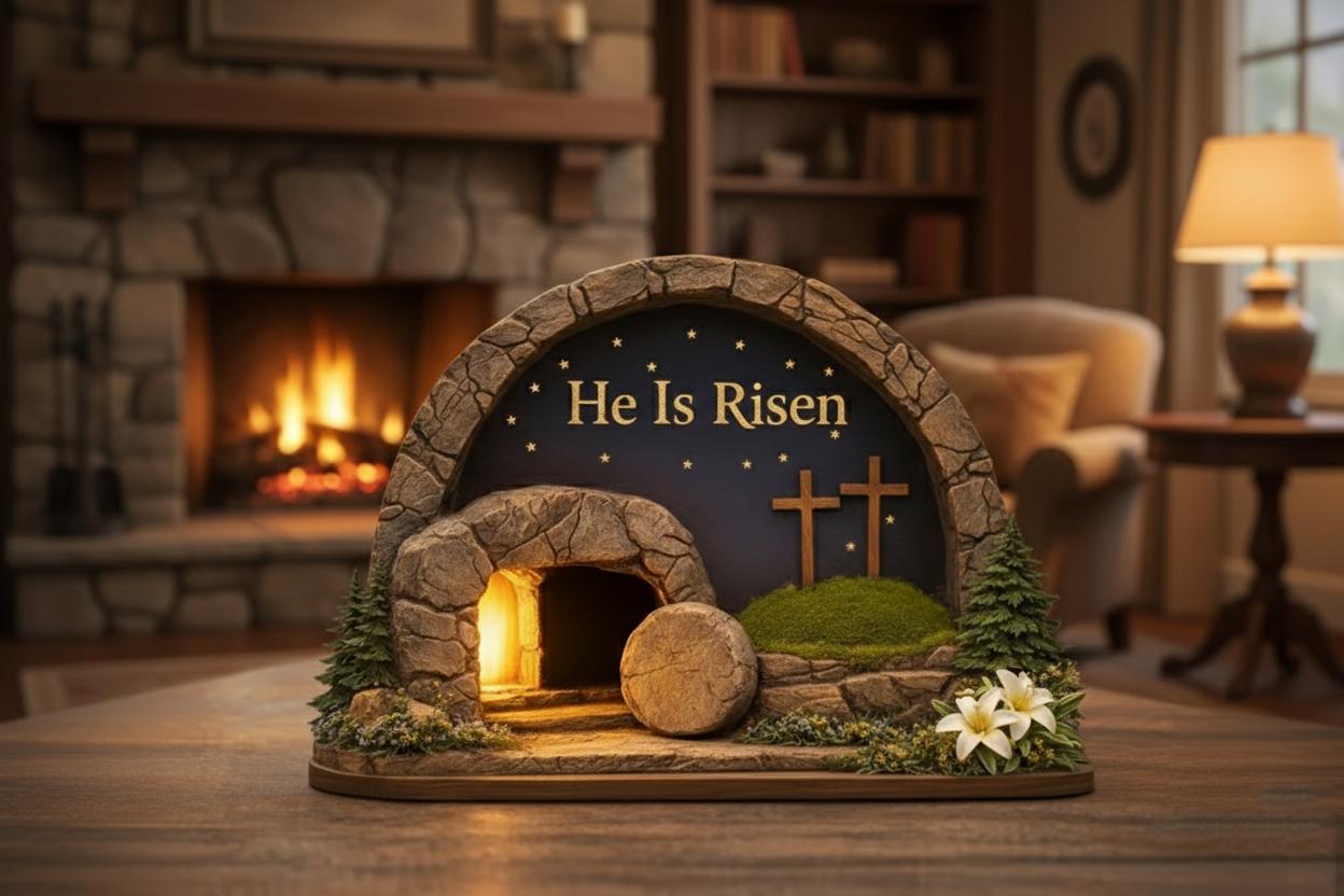 Easter Wooden Block, Empty Tomb Resurrection Scene, He Is Risen Christian Decor, Meaningful Church Gift for Pastor Appreciation and Ministry